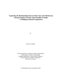 Exploring the Relationship Between Skin Tone and Self-Esteem Among Females in South Asian Families in India: a Multigenerational Comparison