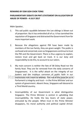 Remarks by Esm Goh Chok Tong Parliamentary Debate on Pm’S Statement on Allegation of Abuse of Power – 4 July 2017