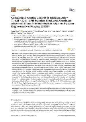Comparative Quality Control of Titanium Alloy Ti–6Al–4V, 17–4 PH Stainless Steel, and Aluminum Alloy 4047 Either Manufactu