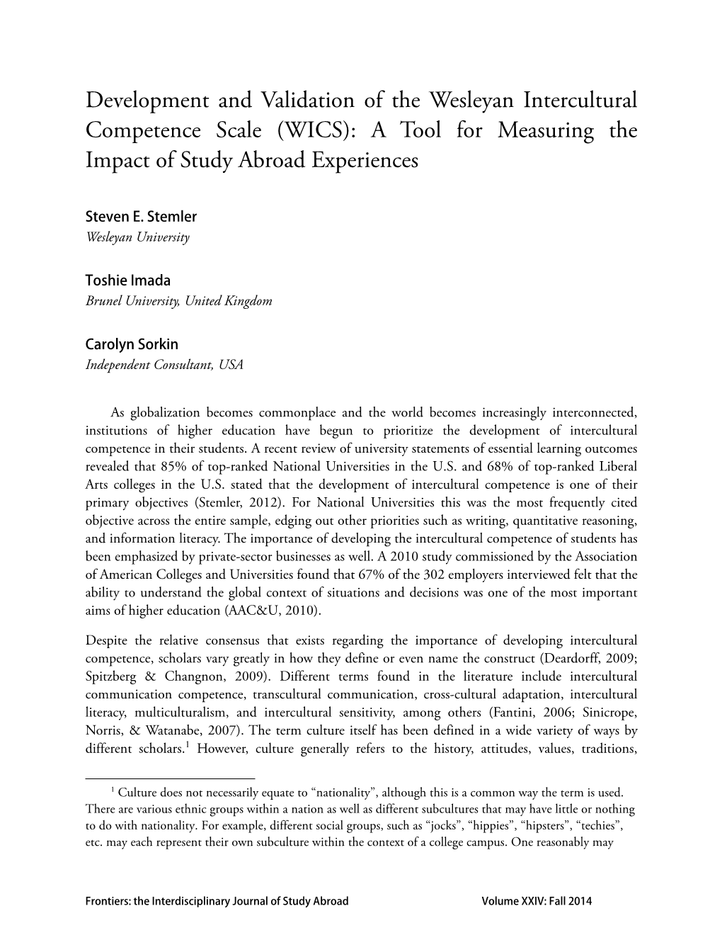 Development and Validation of the Wesleyan Intercultural Competence Scale (WICS): a Tool for Measuring the Impact of Study Abroad Experiences