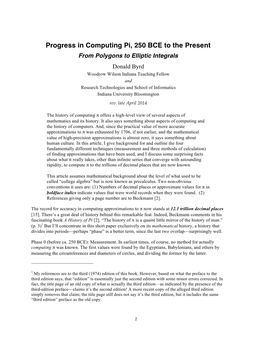 Progress in Computing Pi, 250 BCE to the Present