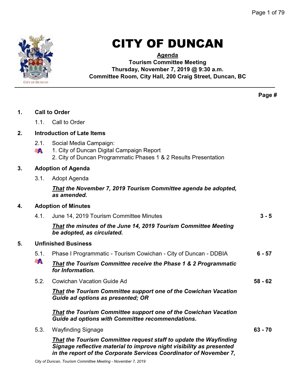 Tourism Committee Meeting Thursday, November 7, 2019 @ 9:30 A.M