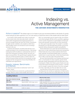 Indexing Vs. Active Management the ADVISER INVESTMENTS PERSPECTIVE
