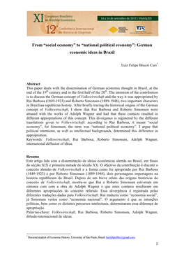 National Political Economy”: German Economic Ideas in Brazil