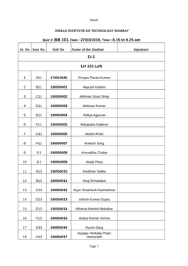 LH 101 Left Quiz 2, BB 101, Date : 27/03/2019, Time