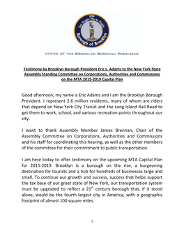 Testimony by Brooklyn Borough President Eric L. Adams to the New