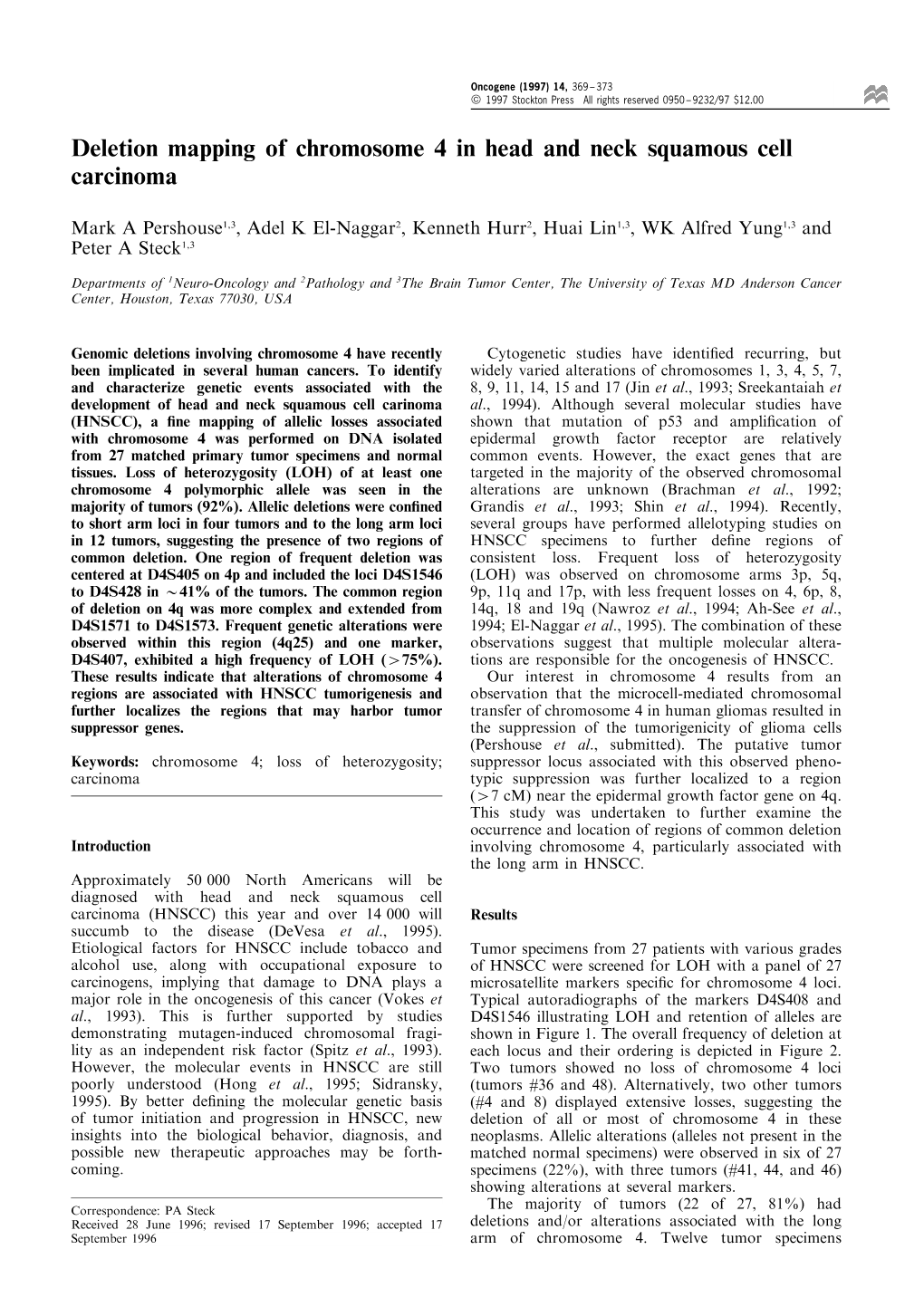 Deletion Mapping of Chromosome 4 in Head and Neck Squamous Cell Carcinoma