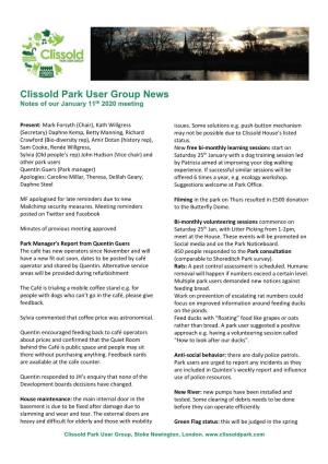 Clissold Park User Group News Notes of Our January 11Th 2020 Meeting