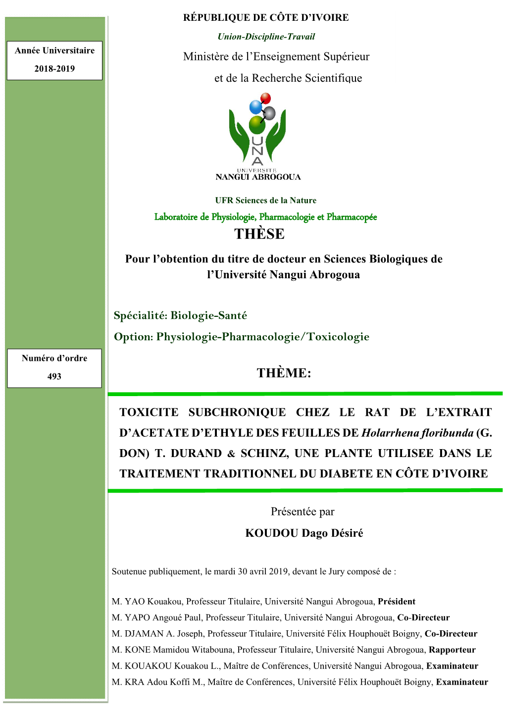 THÈSE Pour L’Obtention Du Titre De Docteur En Sciences Biologiques De L’Université Nangui Abrogoua