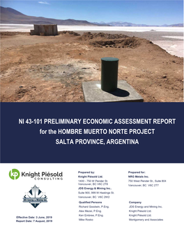 NI 43-101 PRELIMINARY ECONOMIC ASSESSMENT REPORT for the HOMBRE MUERTO NORTE PROJECT SALTA PROVINCE, ARGENTINA