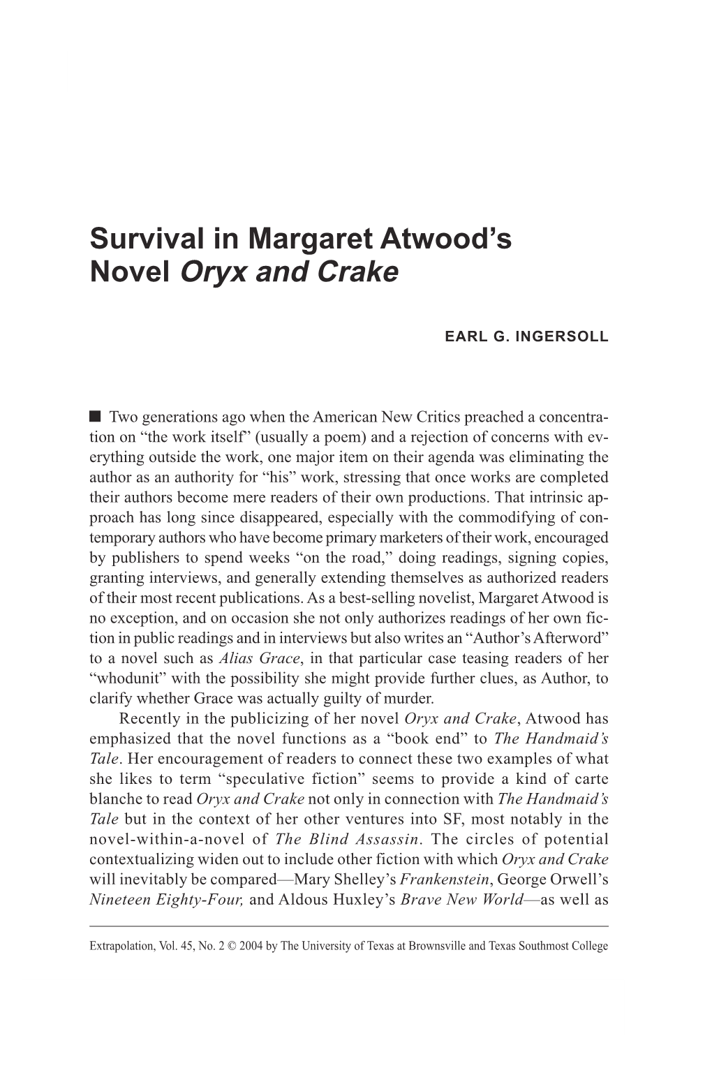 Survival in Margaret Atwood's Novel Oryx and Crake