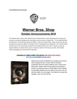 Warner Bros. Shop October Announcements 2019