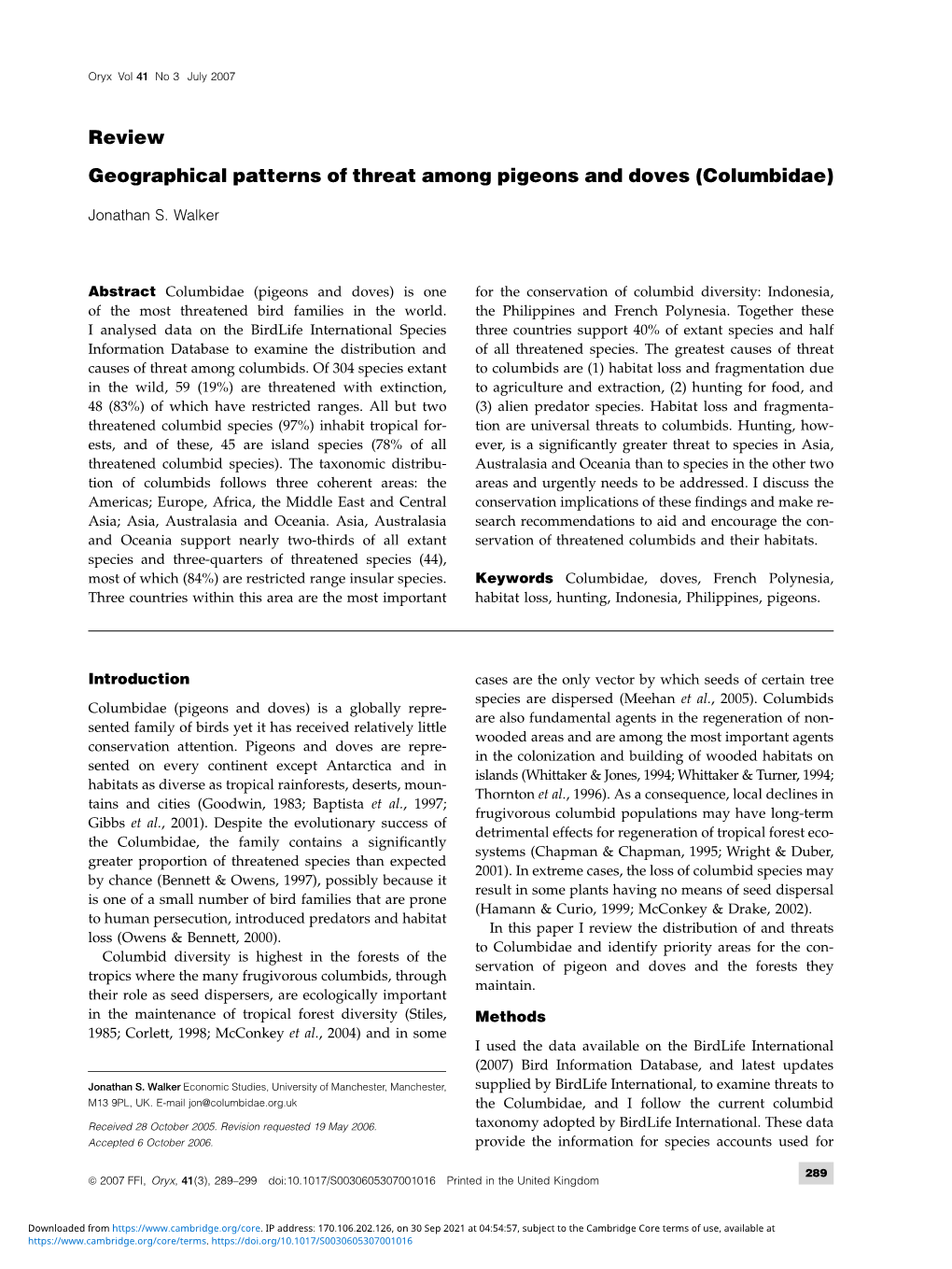 Geographical Patterns of Threat Among Pigeons and Doves (Columbidae)