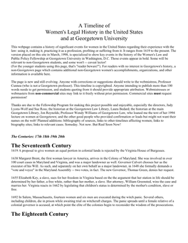 A Timeline of Women's Legal History in the United States and at Georgetown University the Seventeenth Century the Eighteenth
