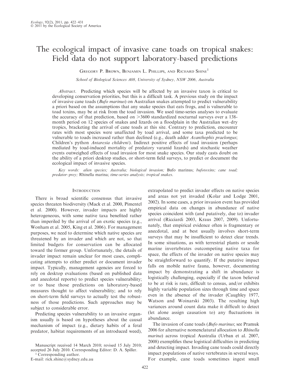 The Ecological Impact of Invasive Cane Toads on Tropical Snakes: Field Data Do Not Support Laboratory-Based Predictions