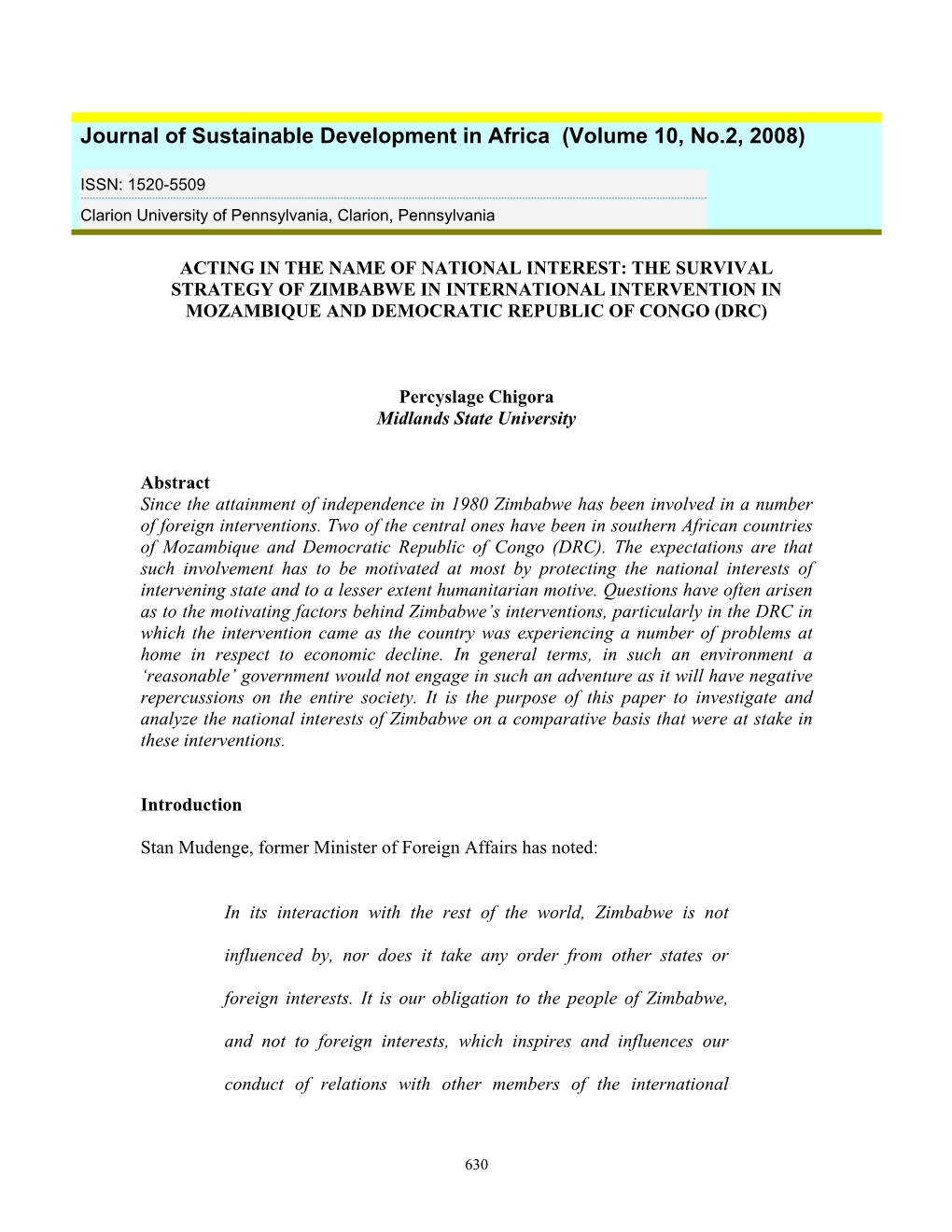 Acting in the Name of National Interest: the Survival Strategy of Zimbabwe in International Intervention in Mozambique and Democratic Republic of Congo (Drc)