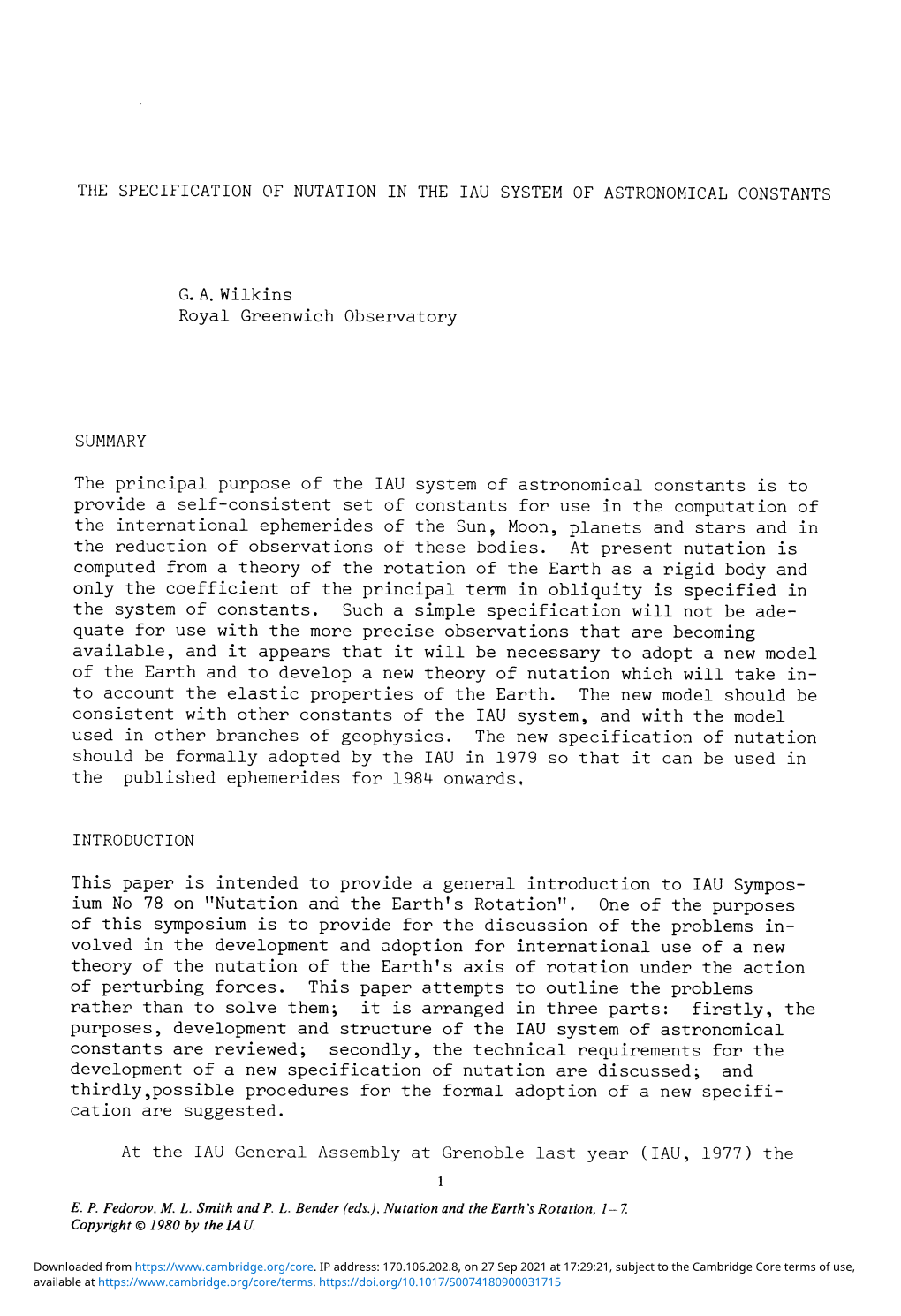 The Specification of Nutation in the Iau System of Astronomical Constants