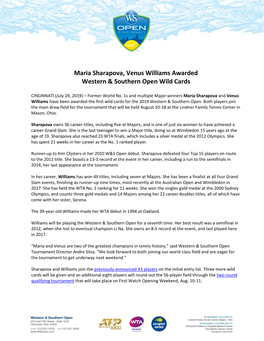Maria Sharapova, Venus Williams Awarded Western & Southern Open Wild Cards