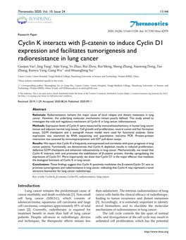 Cyclin K Interacts with Β-Catenin to Induce Cyclin D1 Expression And
