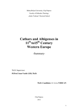 Cathars and Albigenses in 11 To15 Century Western Europe
