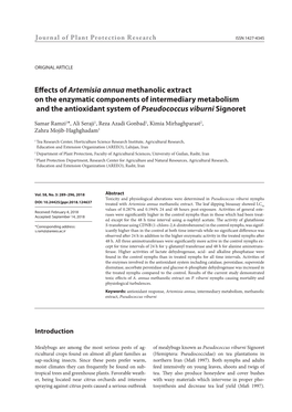 Effects of Artemisia Annua Methanolic Extract on the Enzymatic Components of Intermediary Metabolism and the Antioxidant System of Pseudococcus Viburni Signoret