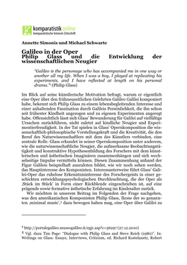 Galileo in Der Oper Philip Glass Und Die Entwicklung Der Wissenschaftlichen Neugier