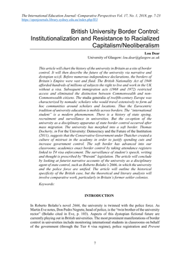 British University Border Control: Institutionalization and Resistance to Racialized Capitalism/Neoliberalism Lou Dear University of Glasgow: Lou.Dear@Glasgow.Ac.Uk