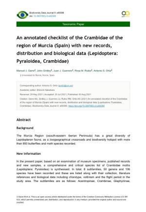 An Annotated Checklist of the Crambidae of the Region of Murcia (Spain) with New Records, Distribution and Biological Data (Lepidoptera: Pyraloidea, Crambidae)