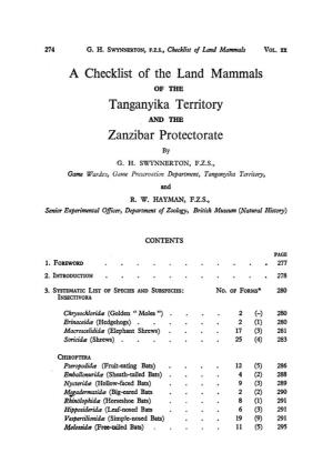 A Checklist of the Land Mammals Tanganyika Territory Zanzibar