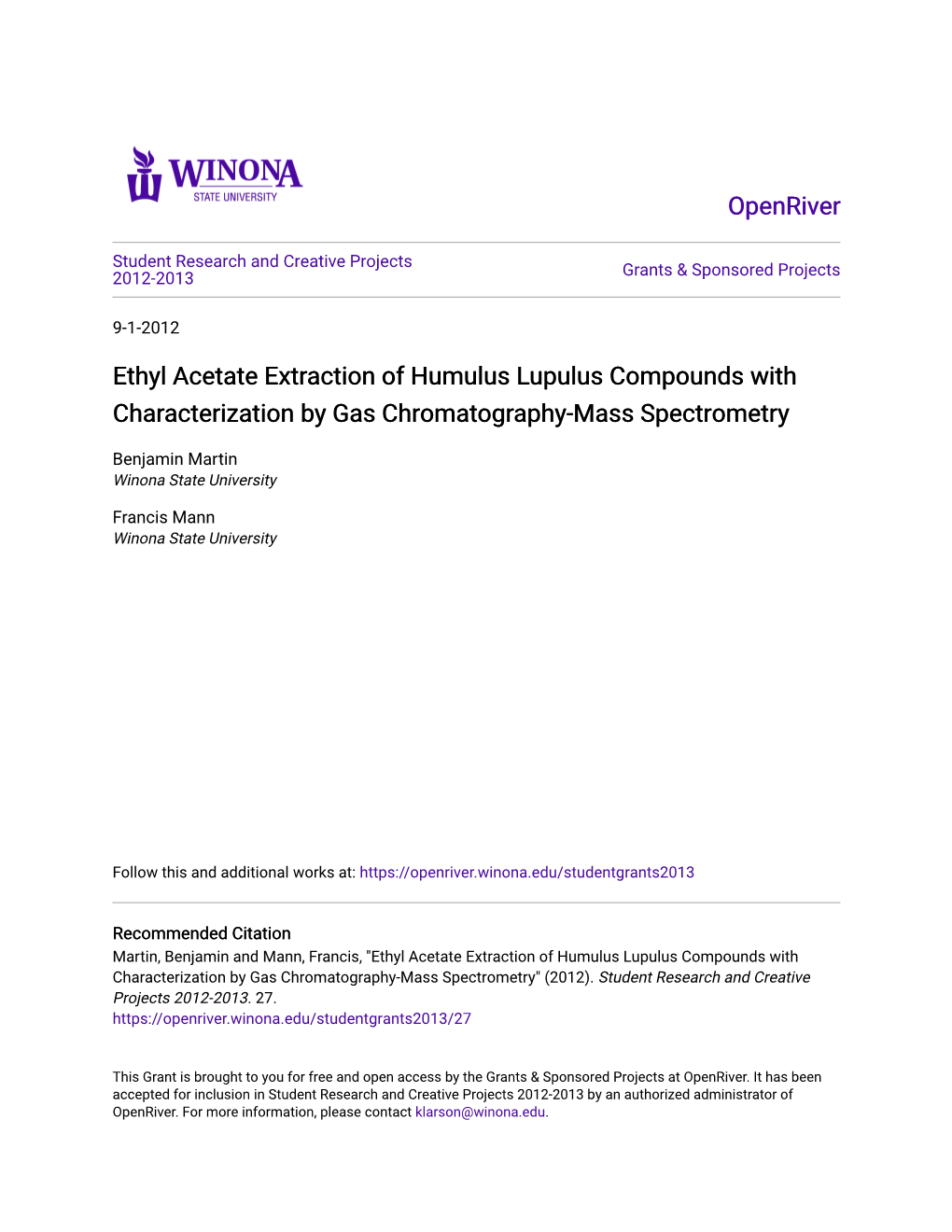 Ethyl Acetate Extraction of Humulus Lupulus Compounds with Characterization by Gas Chromatography-Mass Spectrometry