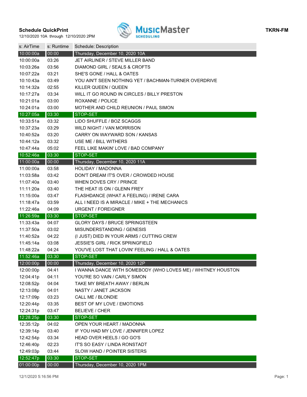 Schedule Quickprint TKRN-FM