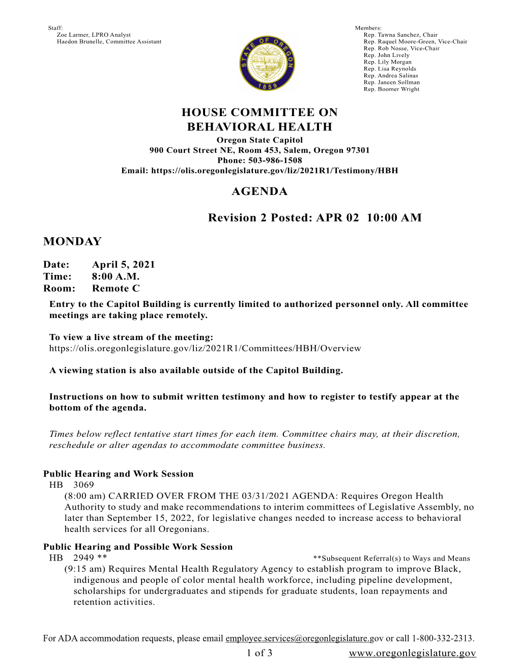 House Committee on Behavioral Health Agenda