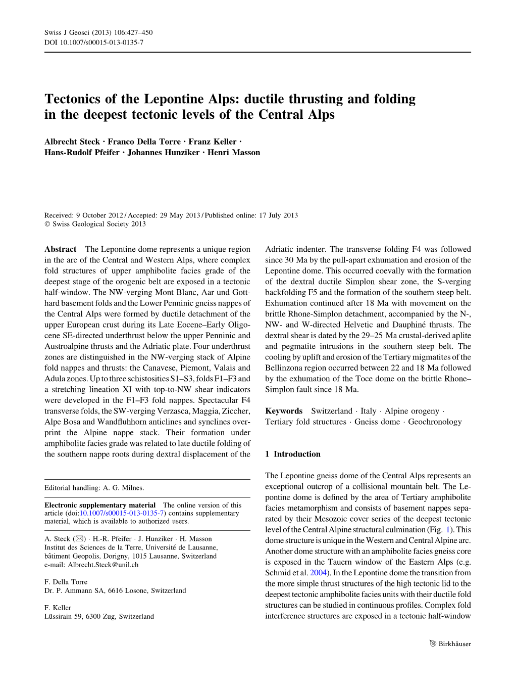 Tectonics of the Lepontine Alps: Ductile Thrusting and Folding in the Deepest Tectonic Levels of the Central Alps