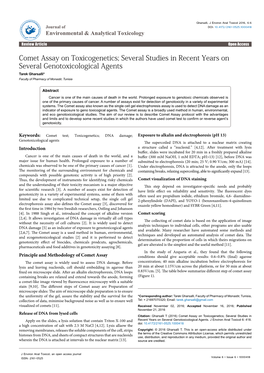 Comet Assay on Toxicogenetics; Several Studies in Recent Years on Several Genotoxicological Agents Tarek Gharsalli* Faculty of Pharmacy of Monastir, Tunisia