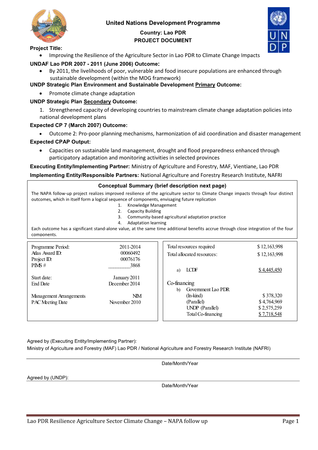 Lao PDR Resilience Agriculture Sector Climate Change – NAPA Follow up Page 1