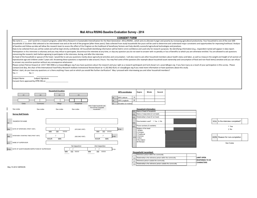 Mali Africa RISING Baseline Evaluation Survey - 2014