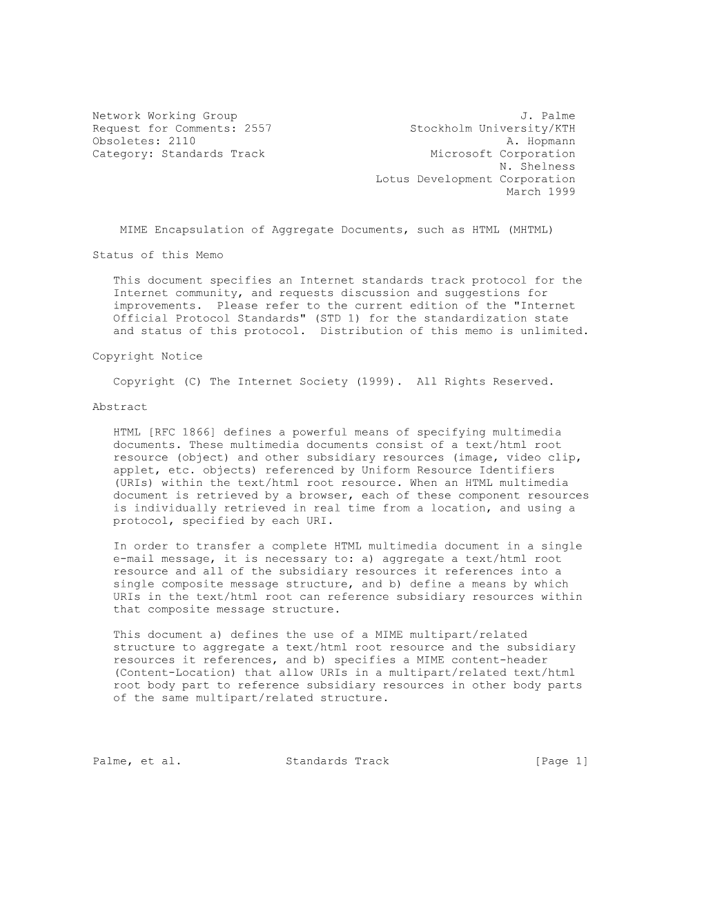 RFC 2557 MIME Encapsulation of Aggregate Documents March 1999