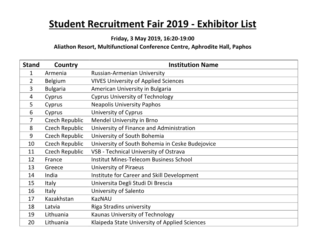 Student Recruitment Fair 2019 - Exhibitor List Friday, 3 May 2019, 16:20-19:00 Aliathon Resort, Multifunctional Conference Centre, Aphrodite Hall, Paphos