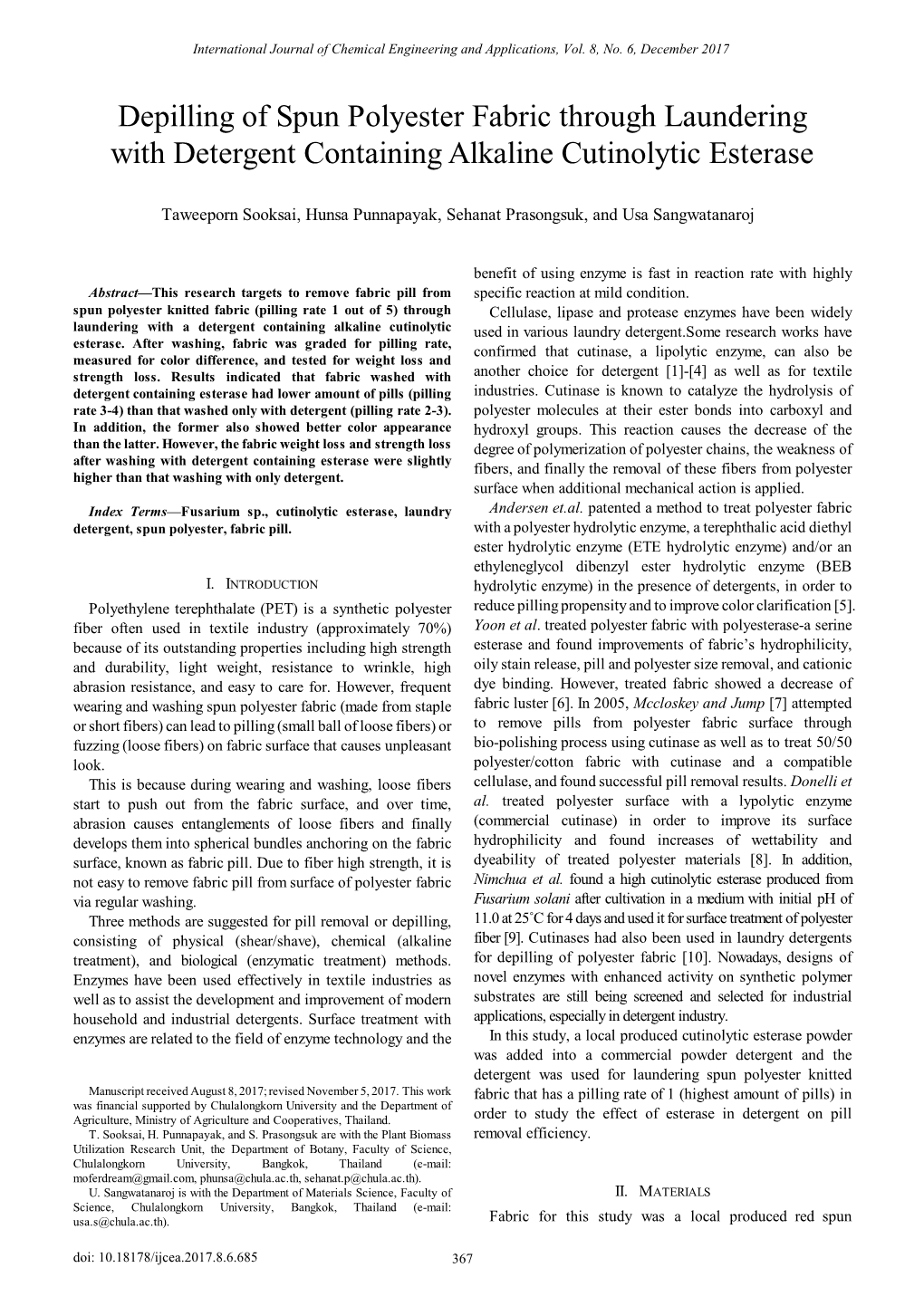 Depilling of Spun Polyester Fabric Through Laundering with Detergent Containing Alkaline Cutinolytic Esterase