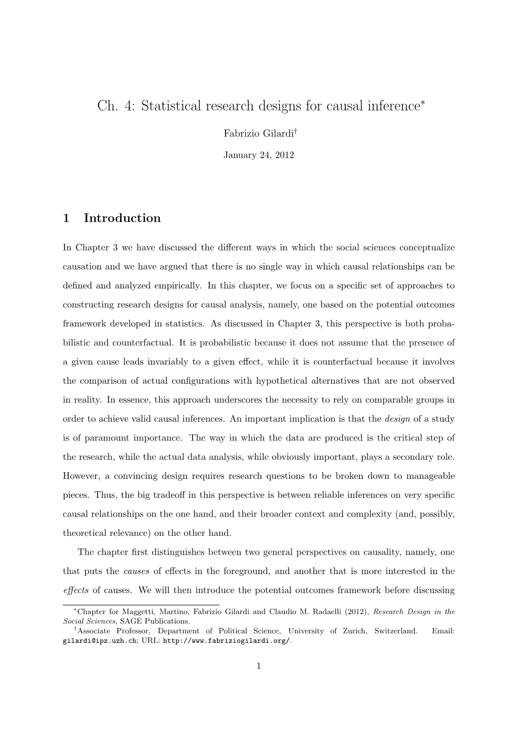 Ch. 4: Statistical Research Designs for Causal Inference∗