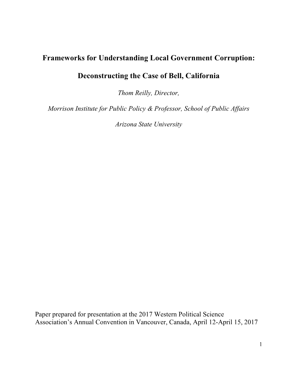 Frameworks for Understanding Local Government Corruption