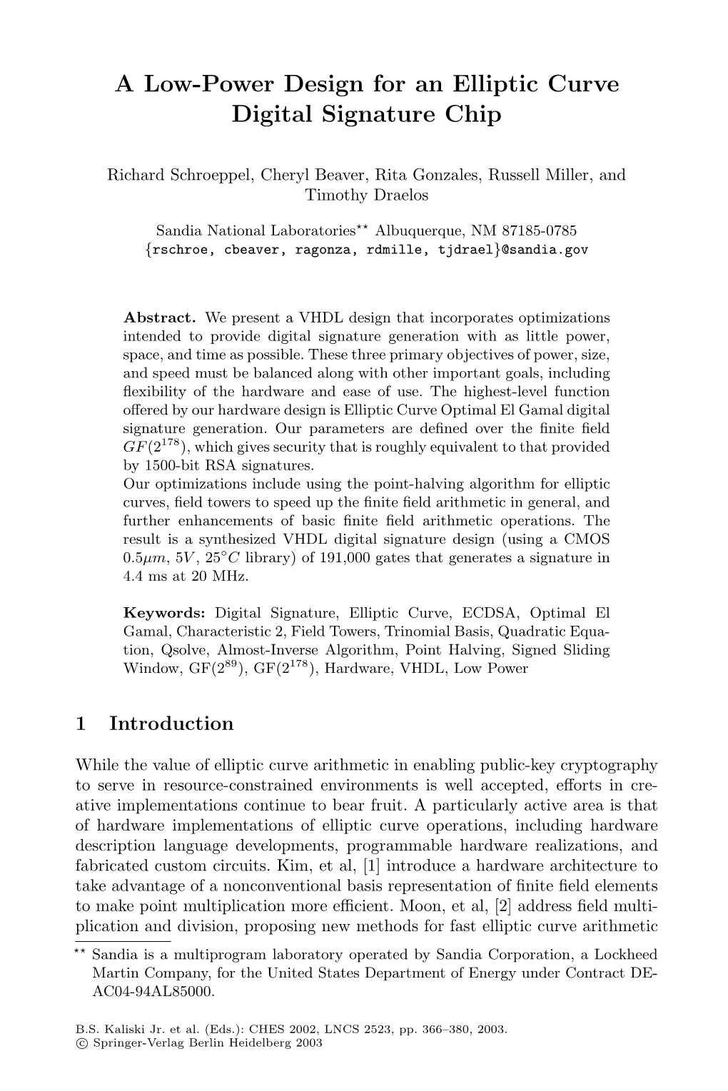 A Low-Power Design for an Elliptic Curve Digital Signature Chip