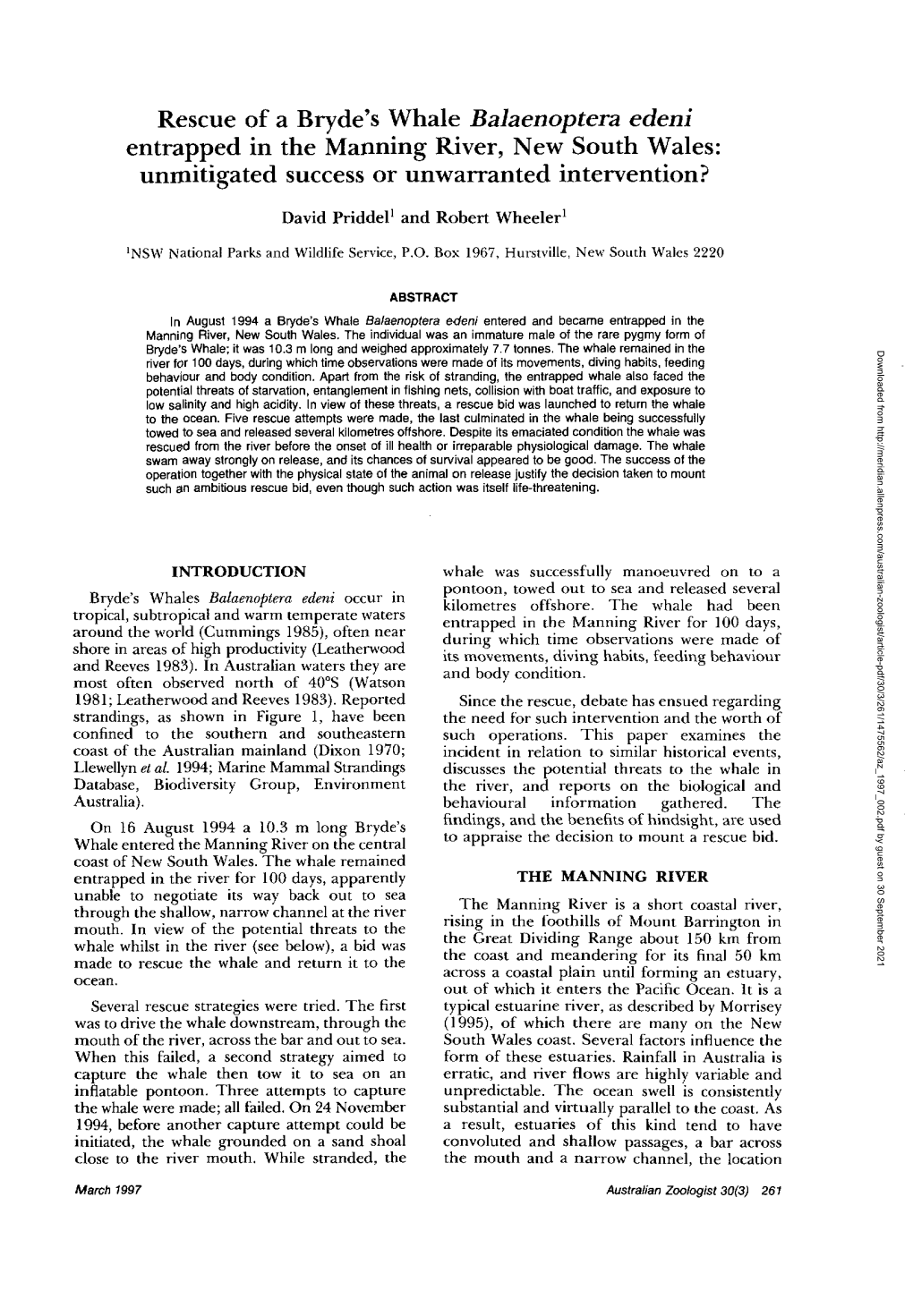 Rescue of a Bryde's Whale Balaenoptera Edeni Entrapped in the Manning River, New South Wales: Unmitigated Success Or Unwarranted Intervention?