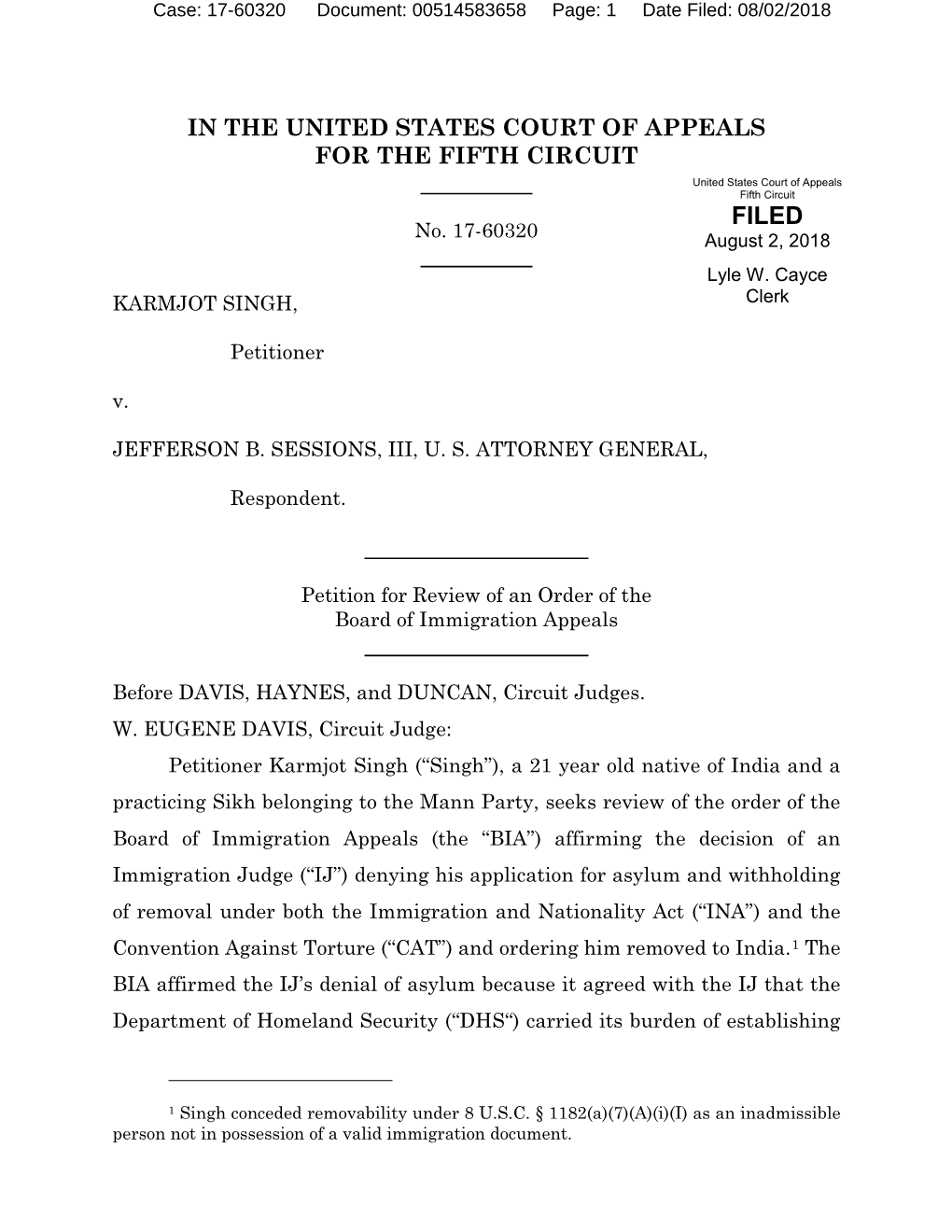 Singh V. Sessions, 699 F.App’X 418 (5Th Cir