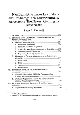 Non-Legislative Labor Law Reform and Pre-Recognition Labor Neutrality Agreements: the Newest Civil Rights Movementt