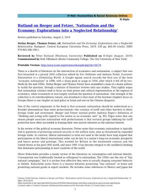 Nationalism and the Economy: Explorations Into a Neglected Relationship'