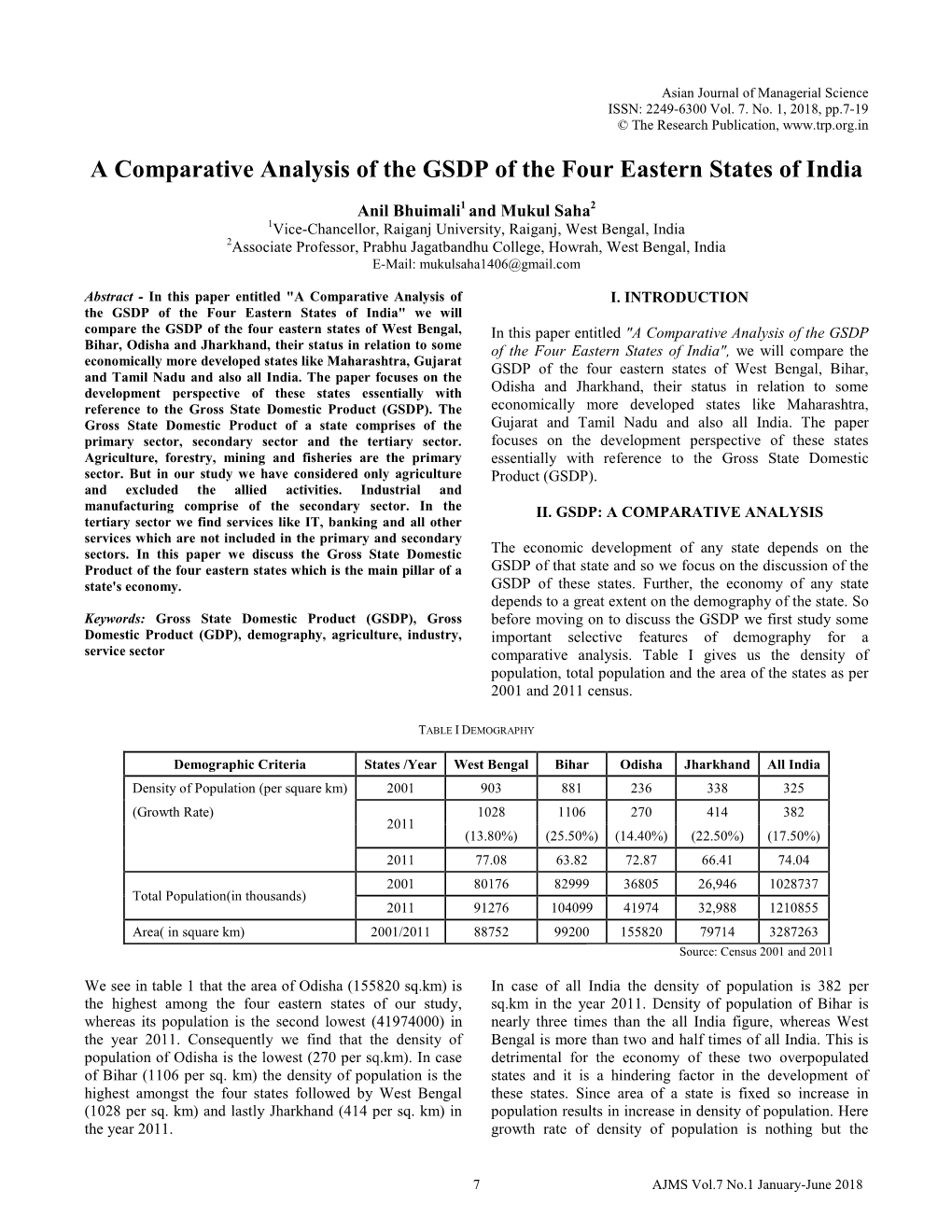 A Comparative Analysis of the GSDP of the Four Eastern States of India