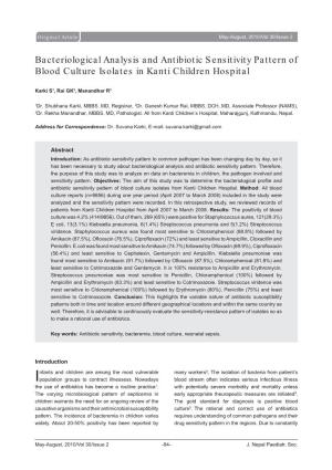 Bacteriological Analysis and Antibiotic Sensitivity Pattern of Blood Culture Isolates in Kanti Children Hospital