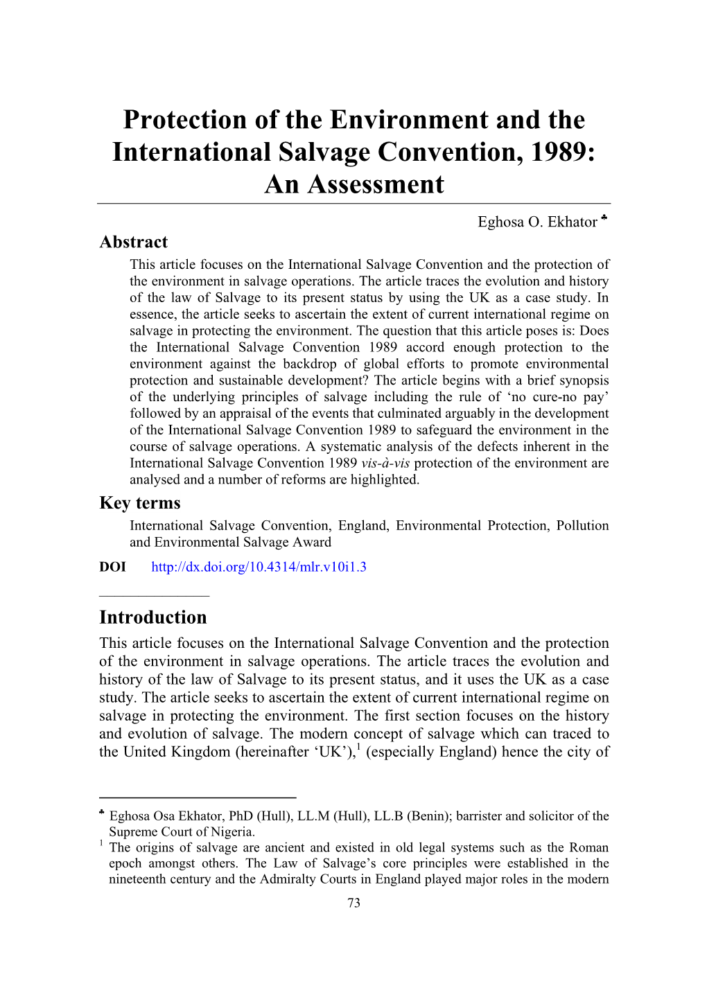 Protection of the Environment and the International Salvage Convention, 1989: an Assessment