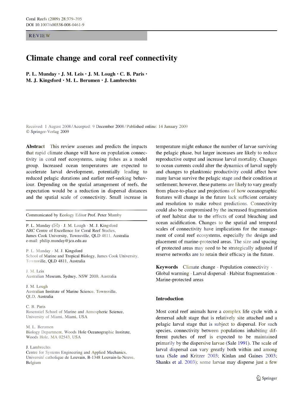 Climate Change and Coral Reef Connectivity